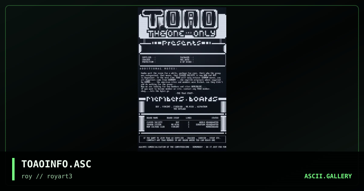 TOAOINFO.ASC, by roy, 1994