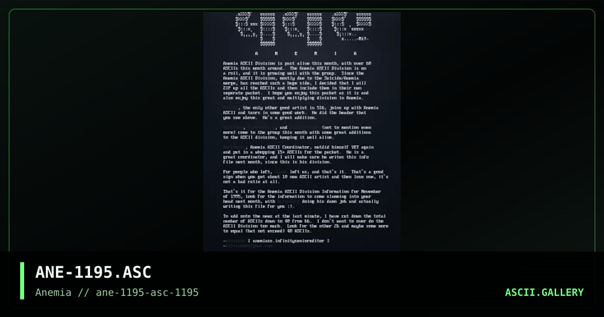 Anemia 11/95 ASCII Information, by anemia, miasma, mistawho, 1995
